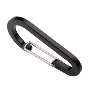 Black flat wire carabiner detail closeup, sturdy metal snap hook for bags and outdoor straps.