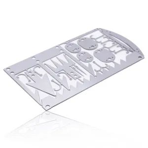 Multi-functional survival fishing card detail view showing 22-in-1 metal tool gear design