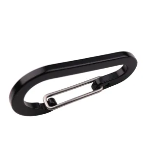 Black flat wire carabiner detail showing stainless steel gate and smooth metal finish for outdoor gear.