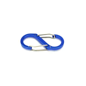 Blue dual spring gate S-carabiner hook, compact metal clip for outdoor EDC gear and backpacks.