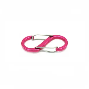 Detailed close-up view of the vibrant pink aluminum alloy S-biner dual spring carabiner clip.