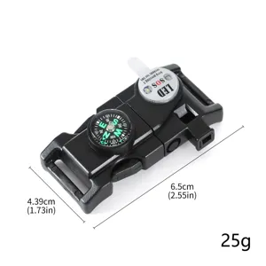 Hebilla de plástico multiusos para supervivencia al aire libre con brújula, silbato y LED, 6.5cm.