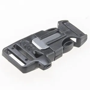 Black plastic tactical survival buckle detail shot with metal striker slot for paracord gear