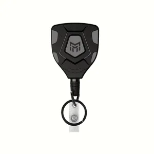 Llavero retráctil negro de forma romboidal para exteriores con cable de acero resistente.