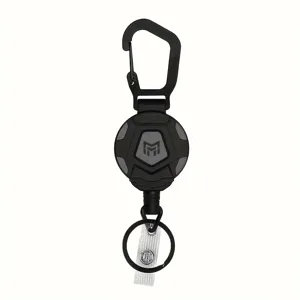 Llavero de mosquetón retráctil negro con cable de acero para uso en exteriores detalles.