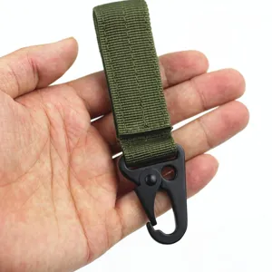Outdoor tactical keychain carabiner detail showing durable nylon webbing and metal snap hook.