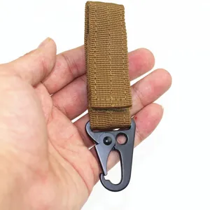 Outdoor tactical webbing keychain with black metal carabiner hook for daily carrying.
