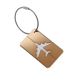 Étiquette de bagage élégante en aluminium avec câble en acier et motif d'avion chic.