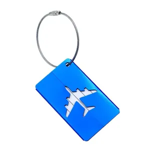 Étiquette de bagage en aluminium bleu avec câble en acier et découpe d'avion pour valises.