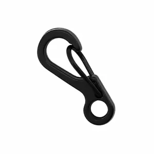 Mosquetón de resorte mini negro para llaveros, vista de detalle simple y práctica.