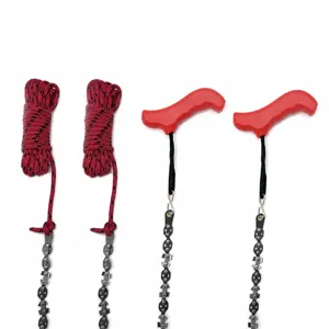 Portable pocket chainsaw for outdoor camping survival with dual handle options and steel teeth.