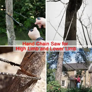 Outdoor hand chain saw detail showing dual blade teeth and sturdy plastic handles for branch cutting.