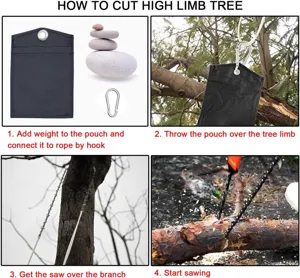 Outdoor portable pocket chainsaw with pouch and rope tool set for high limb tree cutting.