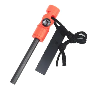 Outdoor survival 3-in-1 magnesium fire starter rod with compass, whistle, and black striker.