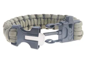 Green survival paracord bracelet with plastic whistle buckle and fire starter for outdoor use