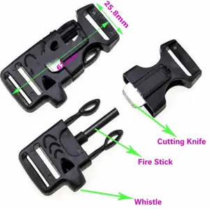 Outdoor survival plastic buckle with fire starter flint whistle and cutting knife tool.