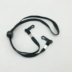 Black windproof hat strap lanyard with adjustable cord lock and dual hooks for outdoor wear.