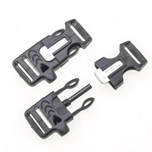 Multi-functional tactical side-release buckle with fire starter flint, whistle and survival gear.