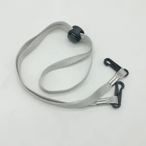 Adjustable grey windproof rope hat lanyard with black plastic hooks and buckle detail view.