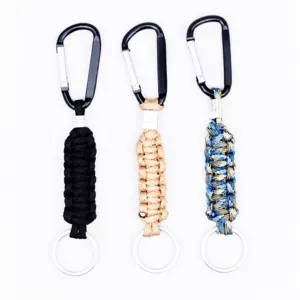 Outdoor survival paracord keychain with carabiner and key ring, handmade tactical design.