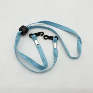 Adjustable blue windproof strap with plastic hooks for hats and masks, durable and portable.