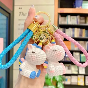 Cute Resin Rainbow Unicorn Keychain Cartoon Car Key Ring Colorful Braided Cord Bell Ornament School Bag Backpack Pendant Accessory Charm Gift
