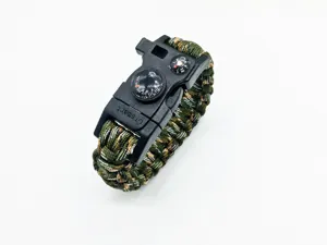 Outdoor survival paracord bracelet with compass and whistle, military green multi-color.