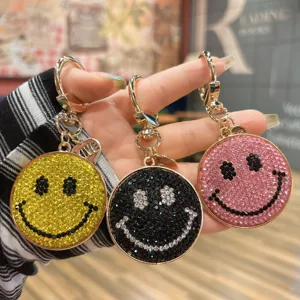 Alloy Rhinestone Smiley Face Keychain Cute Crystal Smile Purse Charm Heart Love Pendant Car Key Ring Bag Accessories For Women Girl Gift