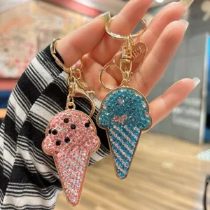 Crystal rhinestone ice cream keychain cute bag charm sparkling metal key ring gift accessory