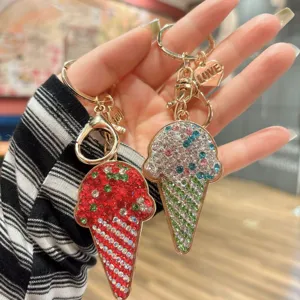 Sparkling rhinestone ice cream keychain with love charm, stylish bag pendant gift for couples.