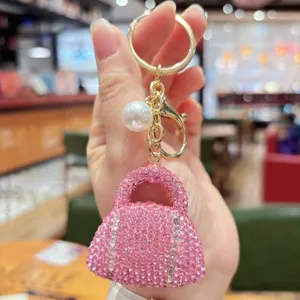 Rhinestone miniature handbag keychain pink crystal charm luxury style bag pendant accessory