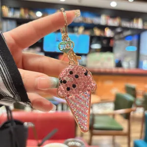Rhinestone ice cream keychain detail close-up pink crystal bag pendant fashion accessory