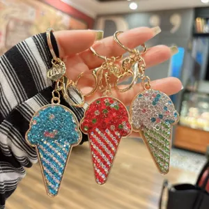 Cute Alloy Rhinestone Ice Cream Keychain Crystal Filled Pave Car Key Ring Pendant Heart Charm Bag Hanging Ornament Jewelry