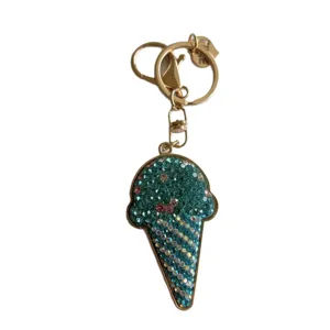 Sparkling Crystal Ice Cream Keychain Rhinestone Bag Charm Cute Gold Metal Key Ring Gift Fashion
