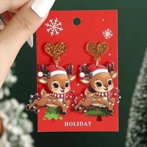 Boucles d'oreilles renne de Noël en acrylique avec pendentif cœur pailleté pour fête et cadeau