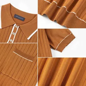 Men's short sleeve knit polo shirt business casual brown contrast trim pocket detail