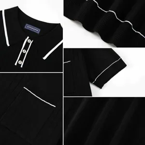 Detail view of men's short sleeve knit polo shirt with white contrast piping and chest pocket.