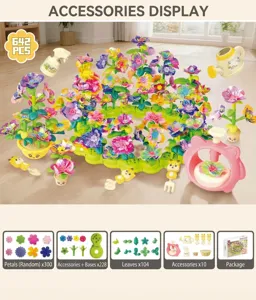 Details of colorful building block flower assembly set with various petals, leaves and tools.