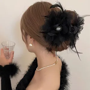 Black feather hair claw clip elegant mesh hair accessories for women bun maker styling tools