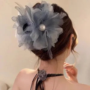 Grey feather hair claw clip elegant mesh updo hairpin aesthetic hair accessories for women