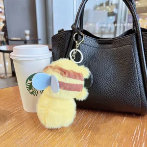 Cute plush capybara keychain fluffy bee doll bag pendant adorable cartoon gift style.