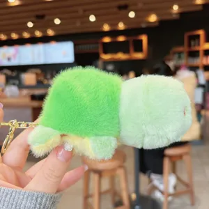 Cute green turtle plush keychain fluffy animal bag charm cartoon pendant accessory for keys.