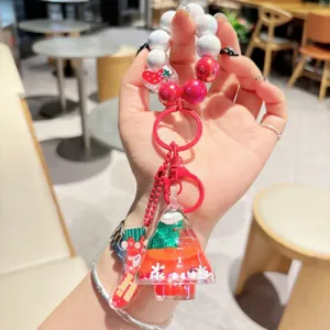 Christmas tree liquid glitter keychain cute beaded wristlet bag charm red white