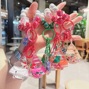 Cute Christmas Tree Quicksand Keychain Cartoon Santa Claus Snowman Reindeer Beaded Acrylic Bag Pendant Car Key Ring Decoration
