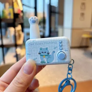 Cute blue cat decompression keychain with funny cat fishing design and lovely glowing toy pendant.