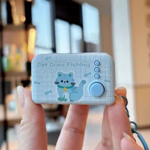 Cute blue cat decompression toy keychain with fish pattern and fun buttons for daily portable fun.