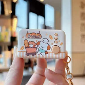 Detailed view of cute cartoon puppy glowing decompression keychain with bread theme design.