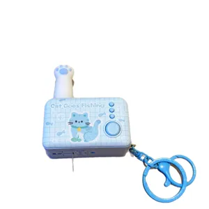 Cute blue cat electronic toy keychain with interactive buttons and fun fishing design.