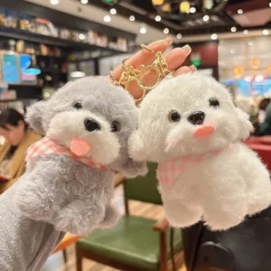 Cute Japanese Style Plush Dog Keychain Cartoon Plaid Scarf Puppy Soft Stuffed Animal Doll Toy Bag Pendant For Girls Women Gift
