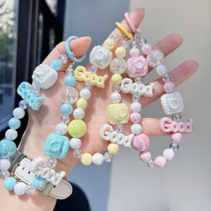 Cute Macaron Beaded Phone Lanyard Keychain Camera Good Letter Charm Acrylic Phone Hanging Chain Bag Accessory For Women Kids
